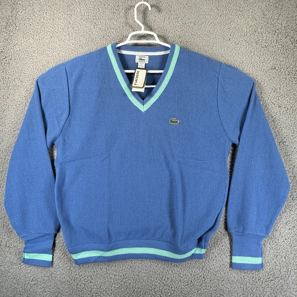 Izod Lacoste V-Neck Sweater Made in USA L‎ Lightweight Striped Vintage 90's Blue - Picture 1 of 12